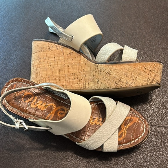 Sam Edelman platform shoes - cork wedge cream leather silver sandal shoes - Picture 2 of 13